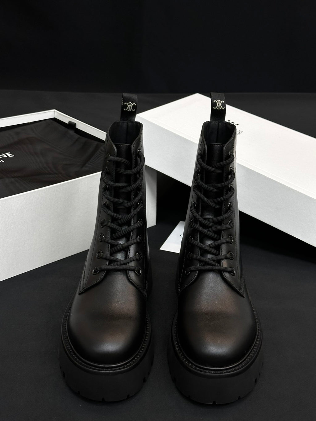 Celine Women's Spring/Fall Fashion Classic Nylon Glossy Leather Lace Up Thick Sole Martin Boots Short Boots Shoes #78277