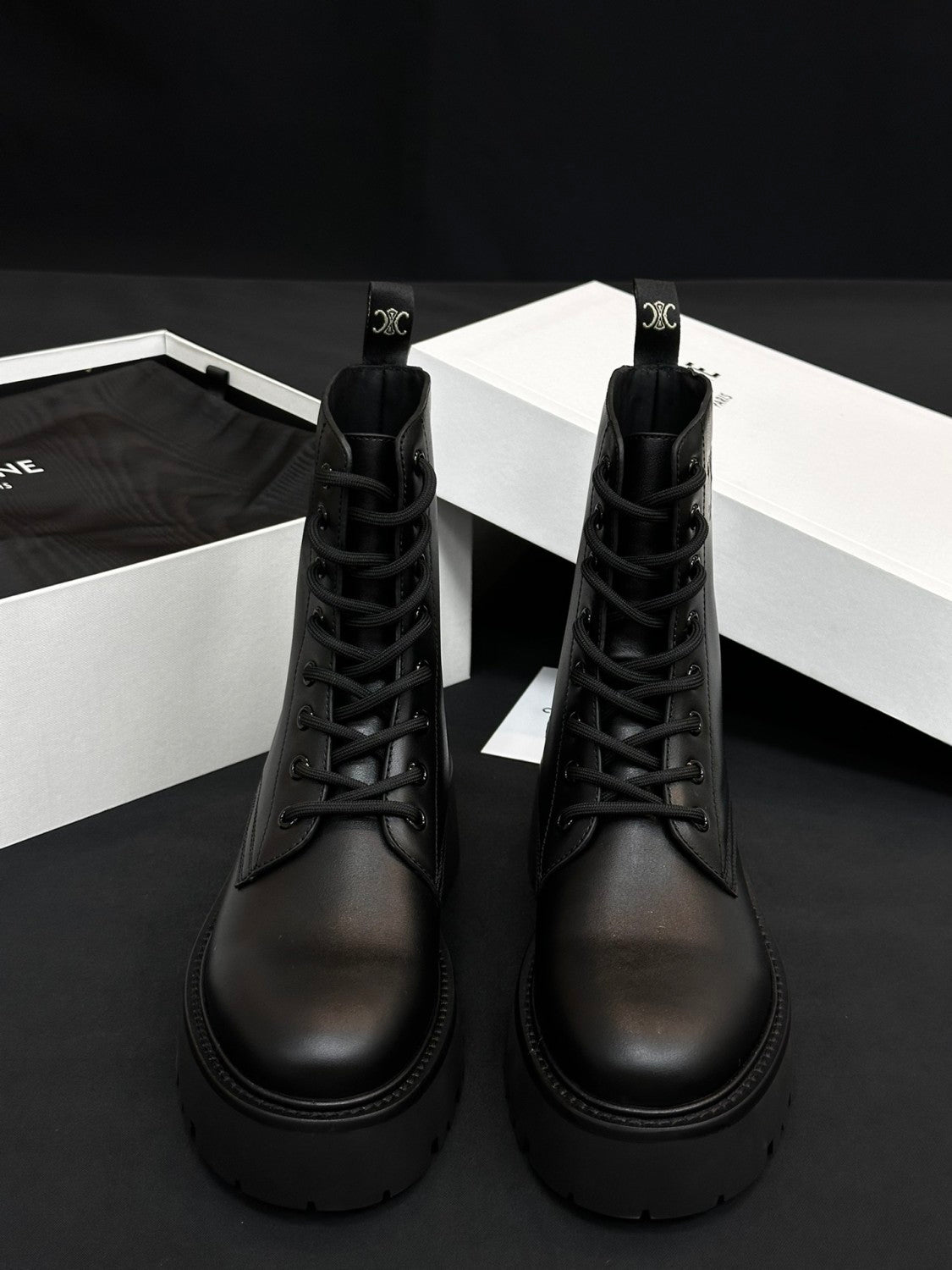 Celine Women's Spring/Fall Fashion Classic Nylon Glossy Leather Lace Up Thick Sole Martin Boots Short Boots Shoes #78277