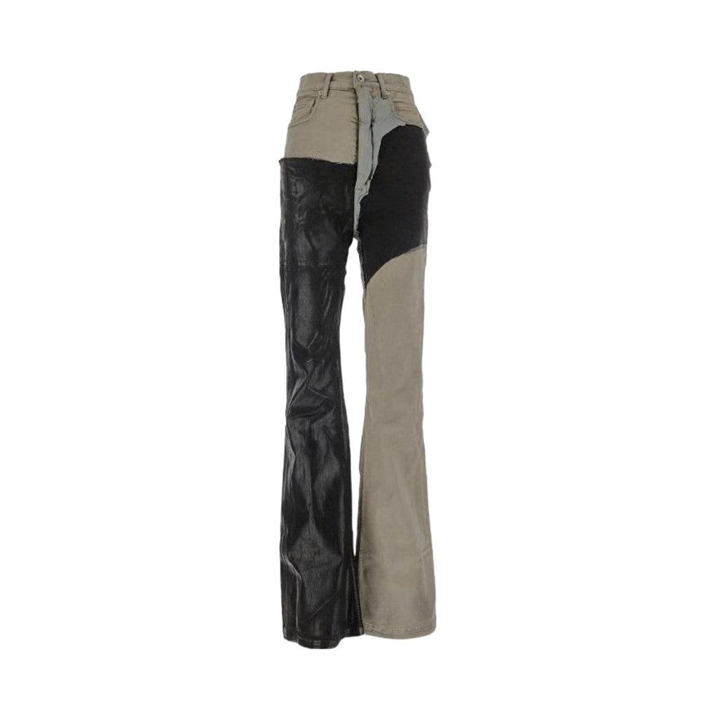 Rick Owens Men's Spring and Autumn Old Wash Splicing Coating Wax Pants Wide Leg Flare Jeans Pants #76795