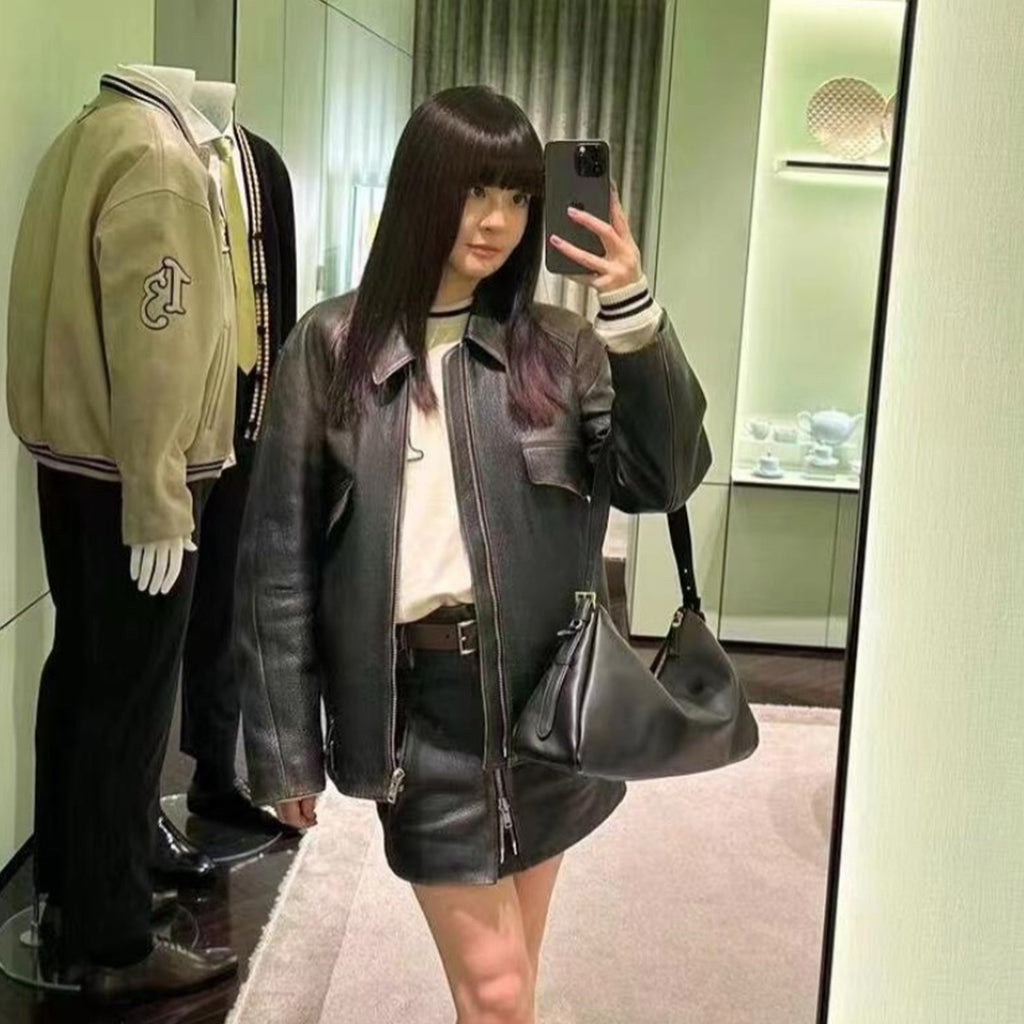 Prada Men's Women's Autumn and Winter Retro High Street Biker Style Leather Jacket Lapel Belt Zipper Jacket Coat  Ngvp #9157
