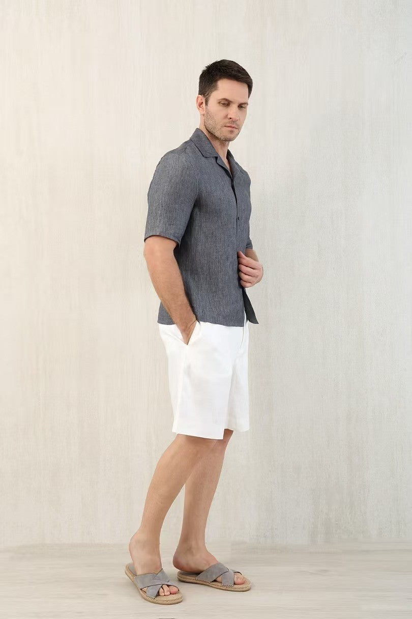 Brunello Cucinelli Men's Linen Loose Summer Single-Breasted Solid Color Lapel Short Sleeve Shirt Ngvp #1454