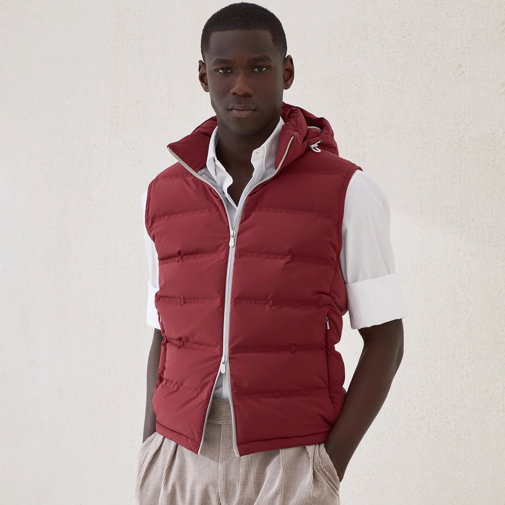 Brunello Cucinelli ﻿Men's Fall/Winter Stand-Up Collar Double-Zip Bonded Taffeta Down Vest with Heat-Sealed Seams And Detachable Hood Ngvp #2717