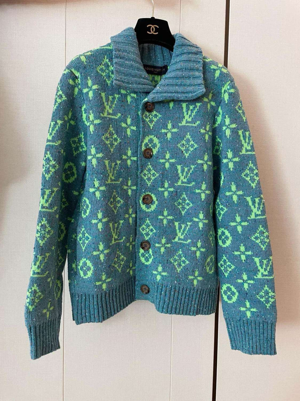 Louis Vuitton Men's Fall/Winter Green Monogrammed Pattern Knit Single Breasted Sweater Jacket #72785