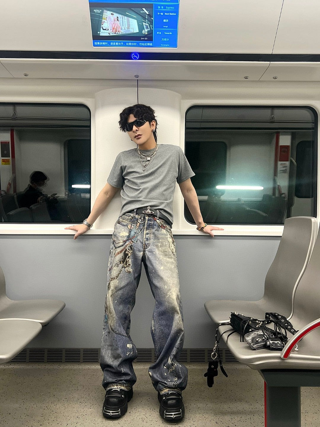 Acne Studios Men's And Women's 3DPrinted Pattern Loose Low Waisted Casual Wide Leg Solid Color Denim Pants Ngvp #8513
