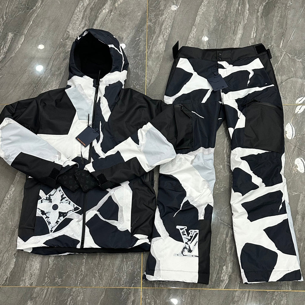Louis Vuitton Burton Men's And Women's Black And White Colorblocking Waterproof Windproof Hooded Zipper Long-sleeved Ski Jacket Leisure Ski Pants Suit Set #74666