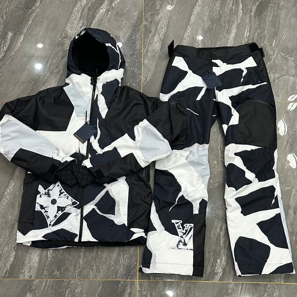 Louis Vuitton Burton Men's And Women's Black And White Colorblocking Waterproof Windproof Hooded Zipper Long-sleeved Ski Jacket Leisure Ski Pants Suit Set #74666