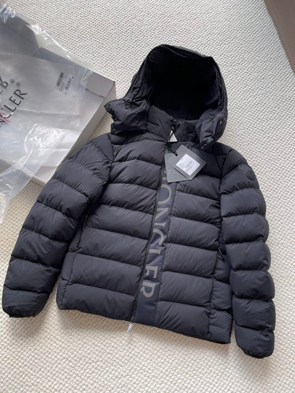 Moncler Men's Winter Black Letters Logo Print Zipper Hooded Short Puffer Down Long Sleeve Jacket #73745