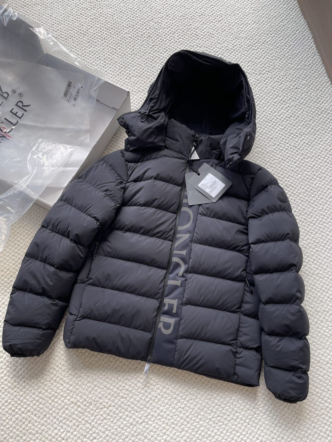 Moncler Men's Winter Black Letters Logo Print Zipper Hooded Short Puffer Down Long Sleeve Jacket #73745