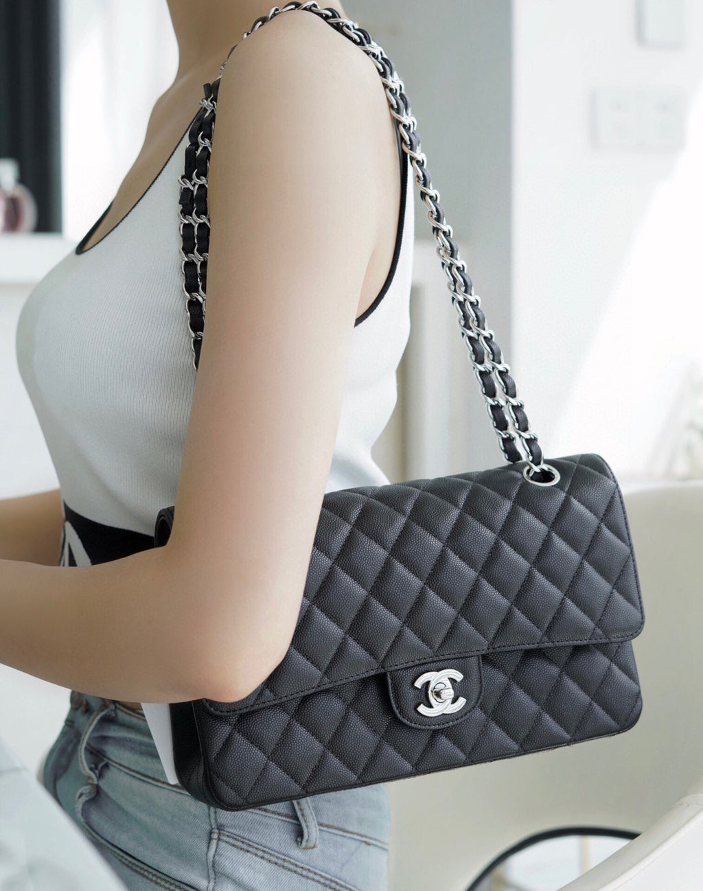 Chanel Women Classic Flap Solid Color Particle Embossed Calfskin Chain Bag Mouth Cover Bag Casual Shoulder Bags CF #71675
