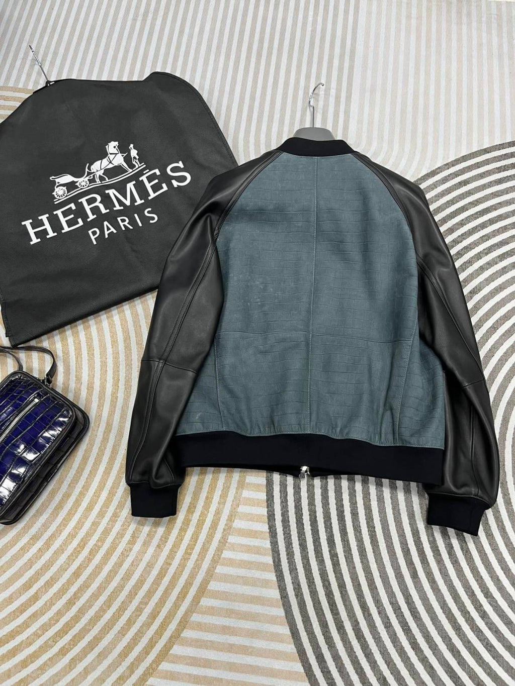 Hermes Men's Autumn And Winter Frosted Crocodile Pattern Cowhide Patchwork Sheepskin Baseball Leather Jacket #71231