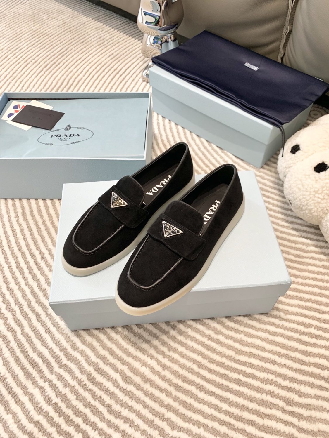 Prada Men's And Women's Spring/Summer Solid Color Fashionable Casual Round Toe Slip On Loafers In Cow Suede With Triangular Logo Shoes #78267