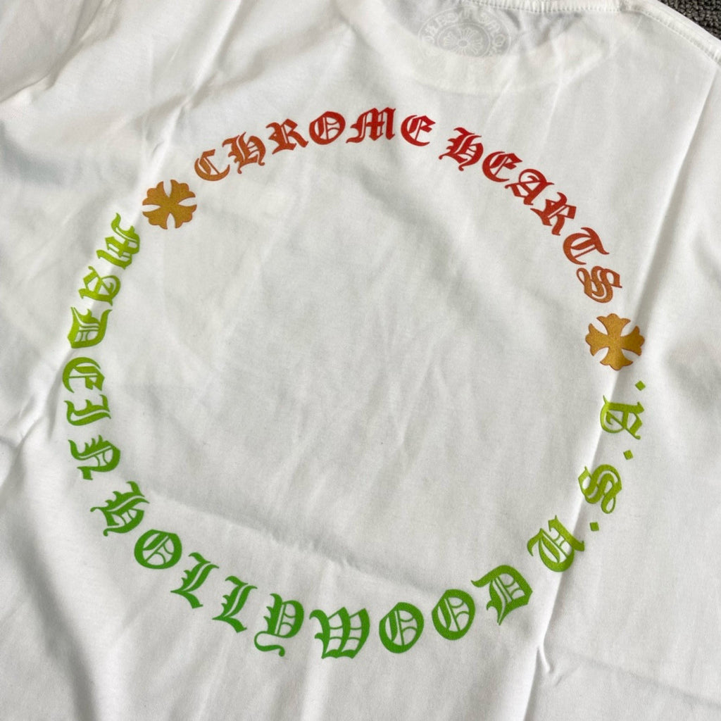 Chrome Hearts Men's Summer Colourful Sanskrit Print Solid Round Neck Cotton Short Sleeve T-Shirt #76815