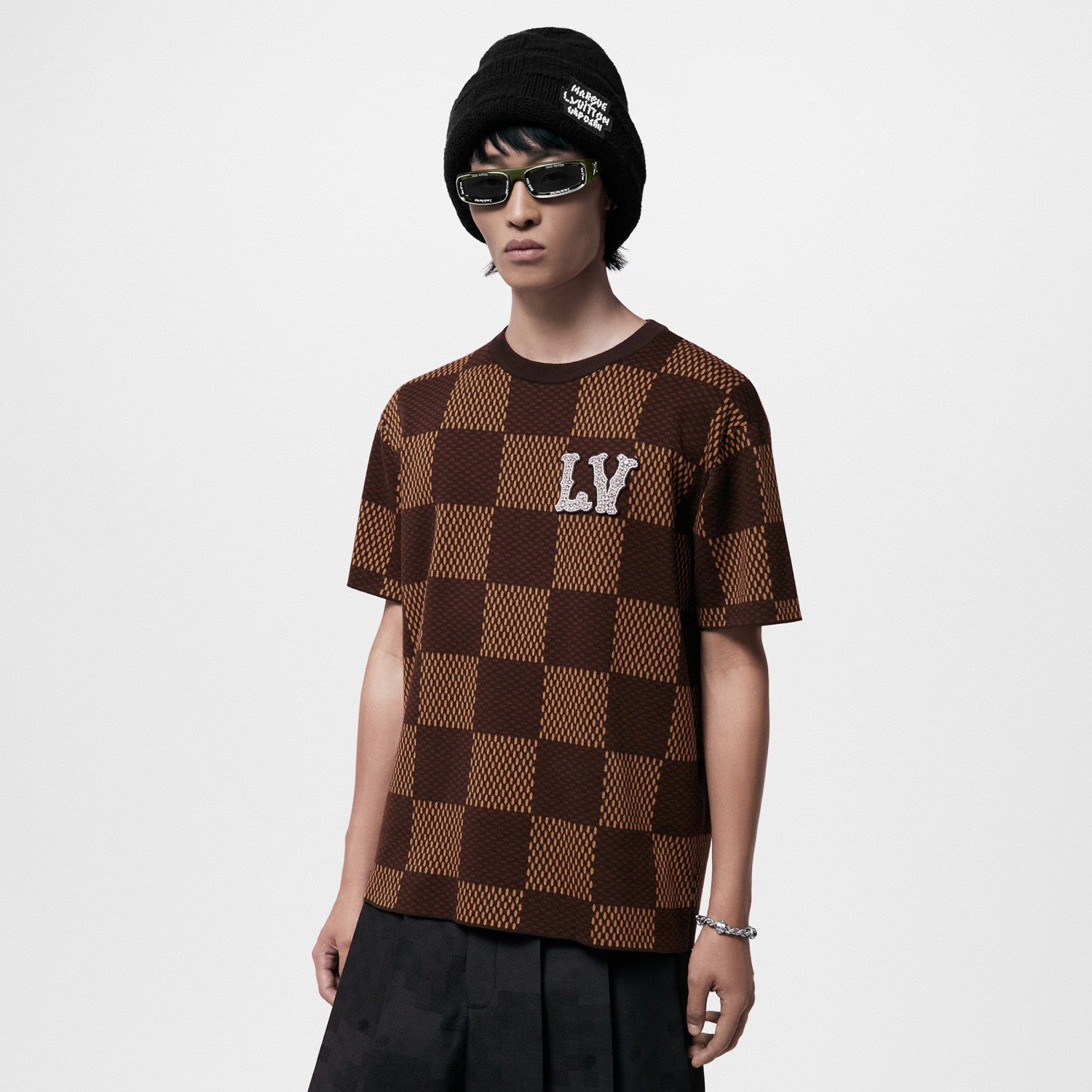 Louis Vuitton Men's Damier Imitation Crystal Applique Checkerboard Checkerboard Summer Cotton Solid Color Short Sleeve Round Neck Short Sleeve T-Shirt #81339