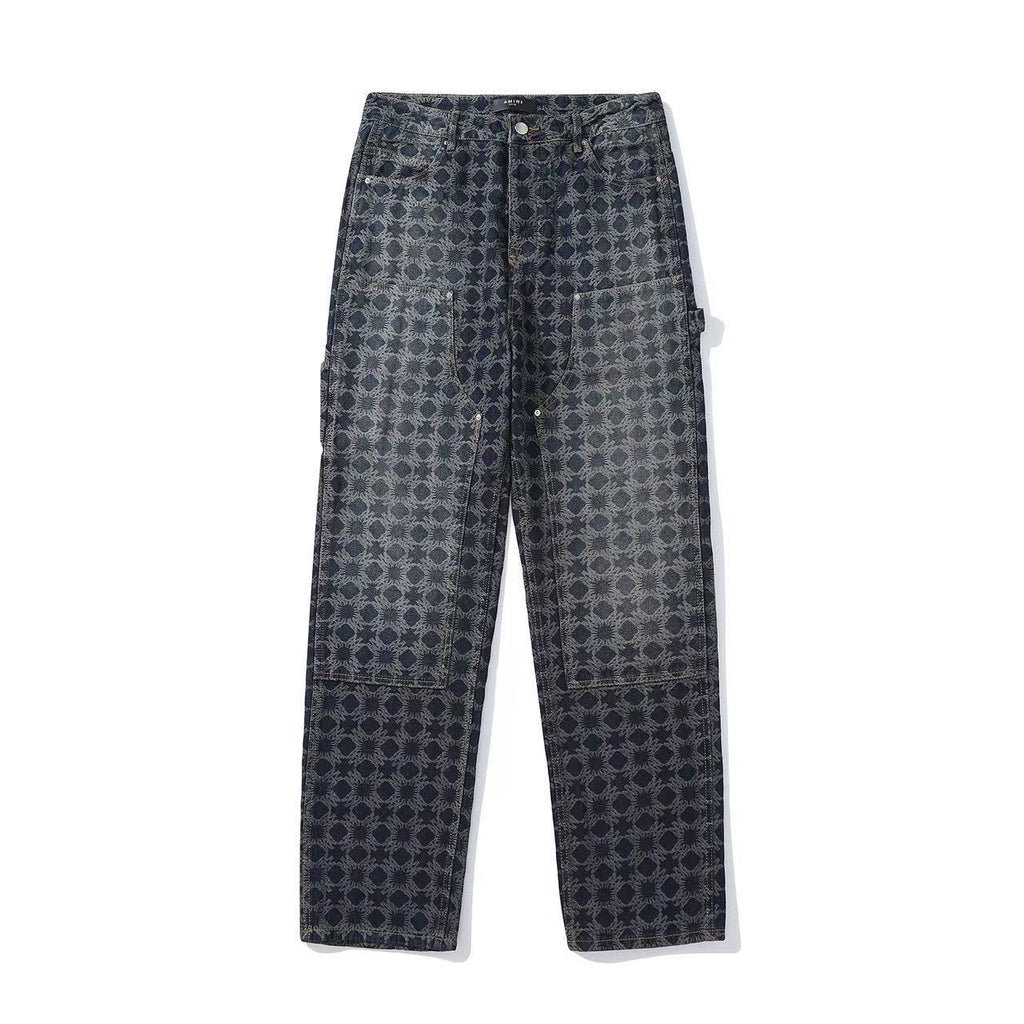 Amiri Men's All-Over Jacquard Denim Pants Four-Season Patchwork Solid-Color Cotton Straight-Leg Trousers Ngvp #2575
