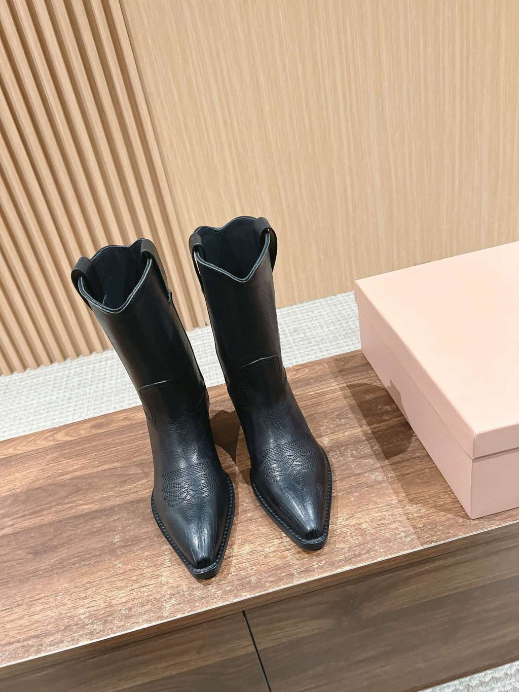 MiuMiu Women's Autumn/winter Fashion Classic Solid Color Retro Leather Pointed Toe High Heel High Boot Shoes #78435