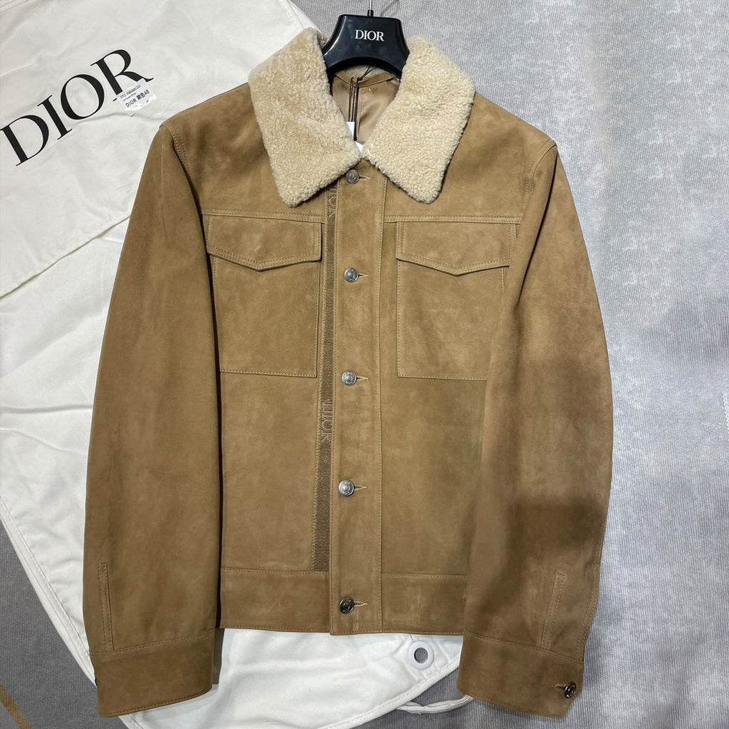 Dior Men's Autumn And Winter Solid Color Lapel Casual Single Breasted Cow Suede Lamb Collar Short Jacket #71272