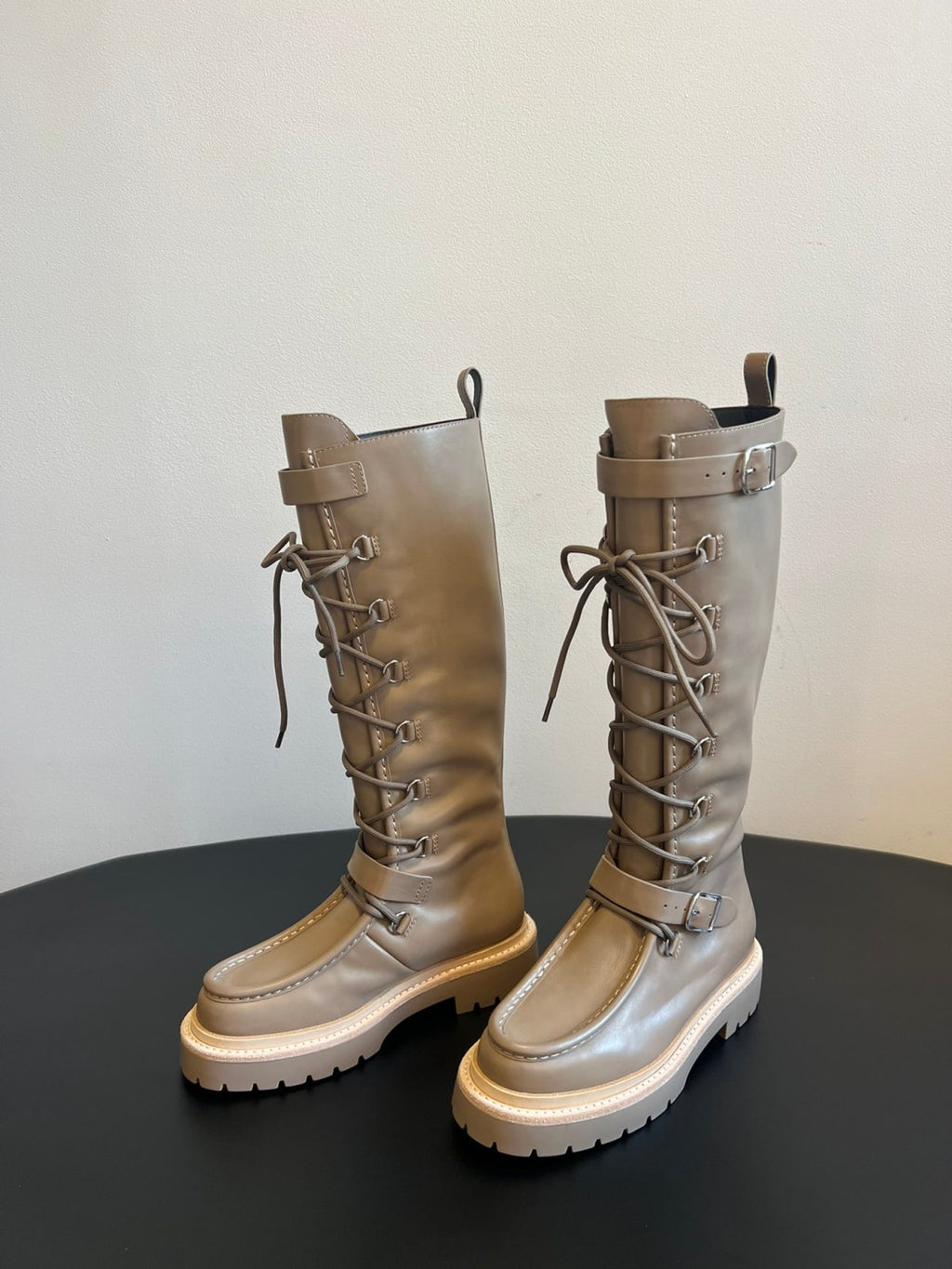 Hermes Women's Fall/Winter Landscape Boots Lace-Up Round-Toe High-Top Boots Solid-Color Cowhide Casual Shoes Heel Height: 3.5cm Ngvp #2326