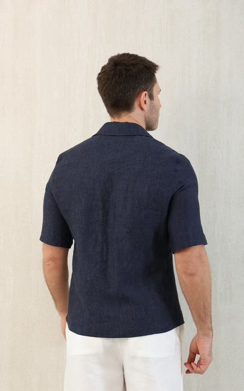 Brunello Cucinelli Men's Linen Loose Summer Single-Breasted Solid Color Lapel Short Sleeve Shirt Ngvp #1454