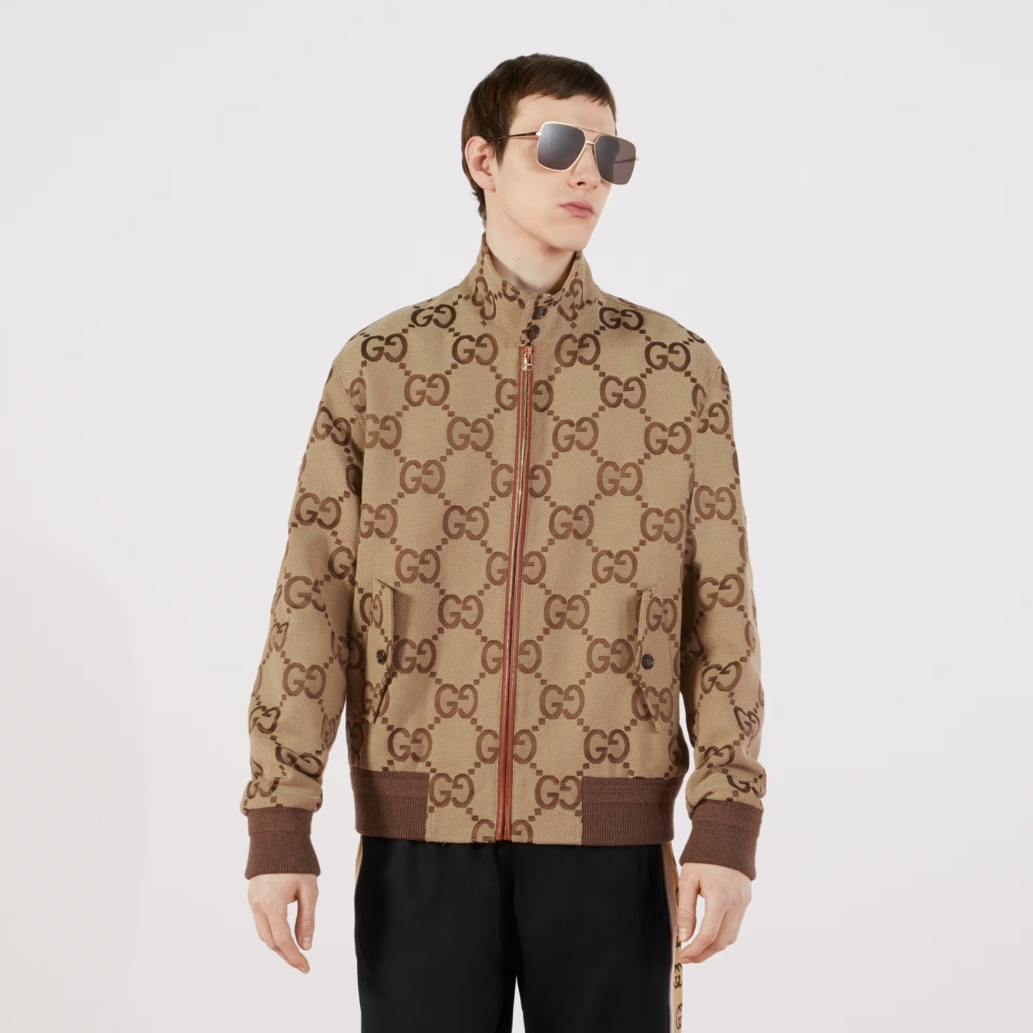 Gucci Men's Spring And Autumn GG Full Print Canvas Long Sleeve Standing Collar Fit Solid Color Jacket #5161