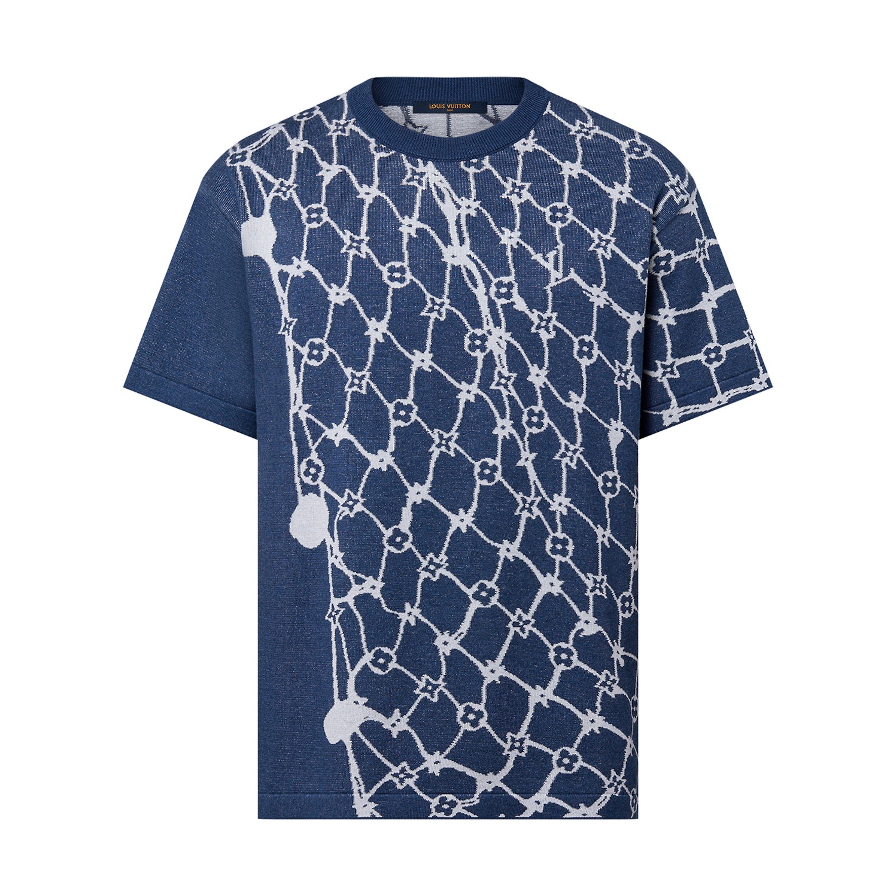Louis Vuitton Men's Summer Blue Fishing Net Printed Ribbed Crew Neck Cotton Short Sleeve T-Shirt #99446