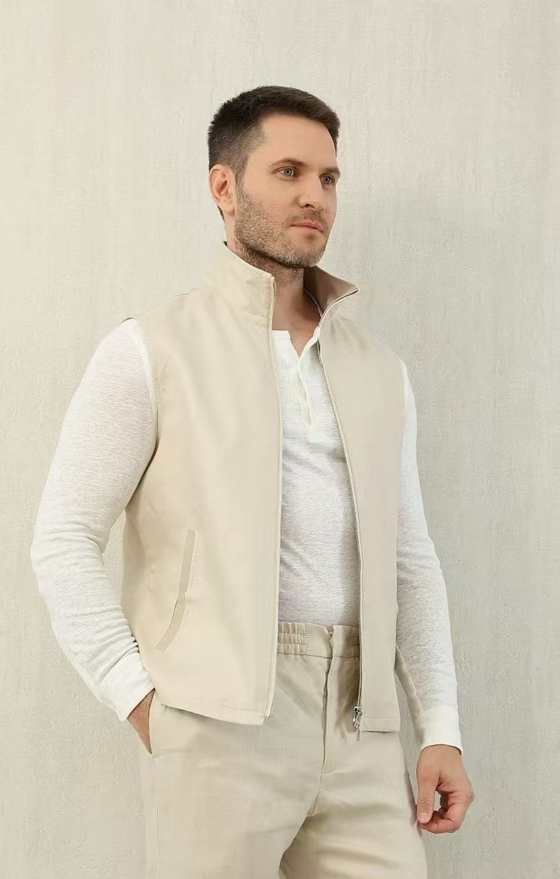 Ermenegildo Zegna Men's Spring And Autumn Solid Color Standing Collar Zipper Fit Sleeveless Vest Jacket Ngvp #1168