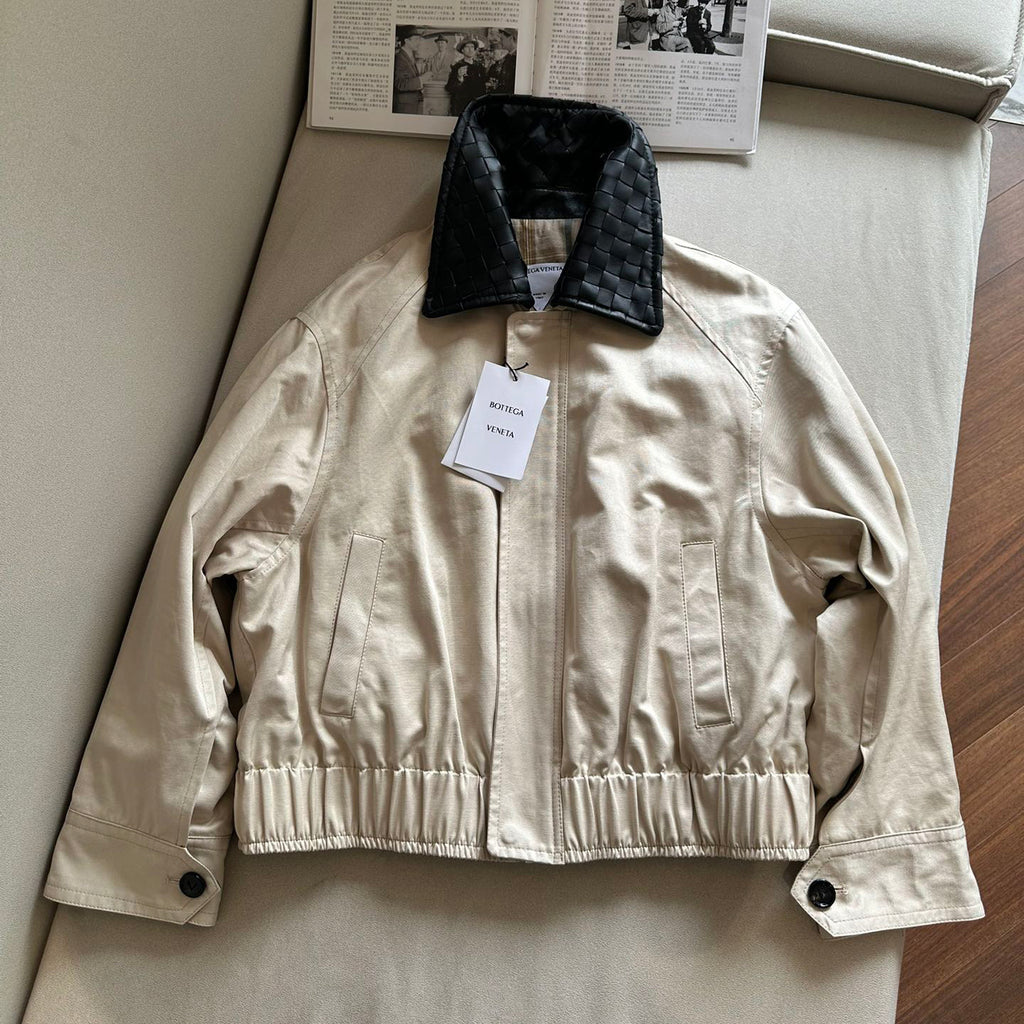Bottega Veneta Men's Spring/Autumn Contrasting Collar Zipper Long Sleeve Leather Jacket #77115