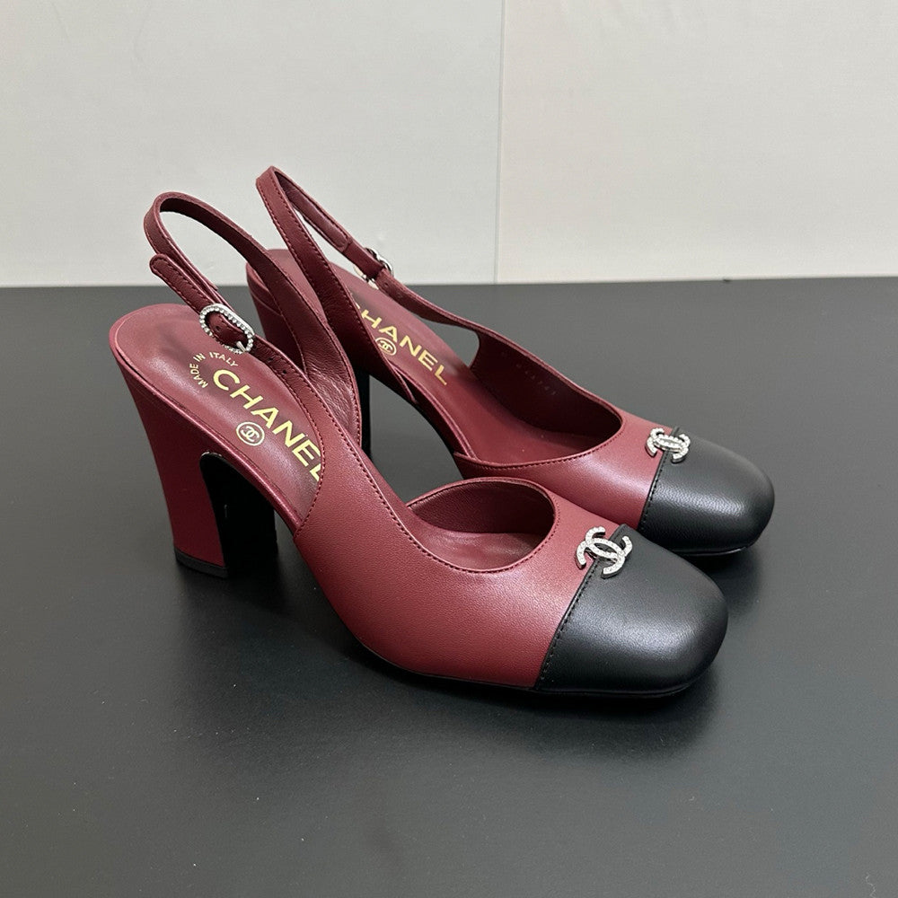Chanel 9cm Heel Height Double C Thick Heel Back Hollow Color Block Stitching High Heel Sandals #333233