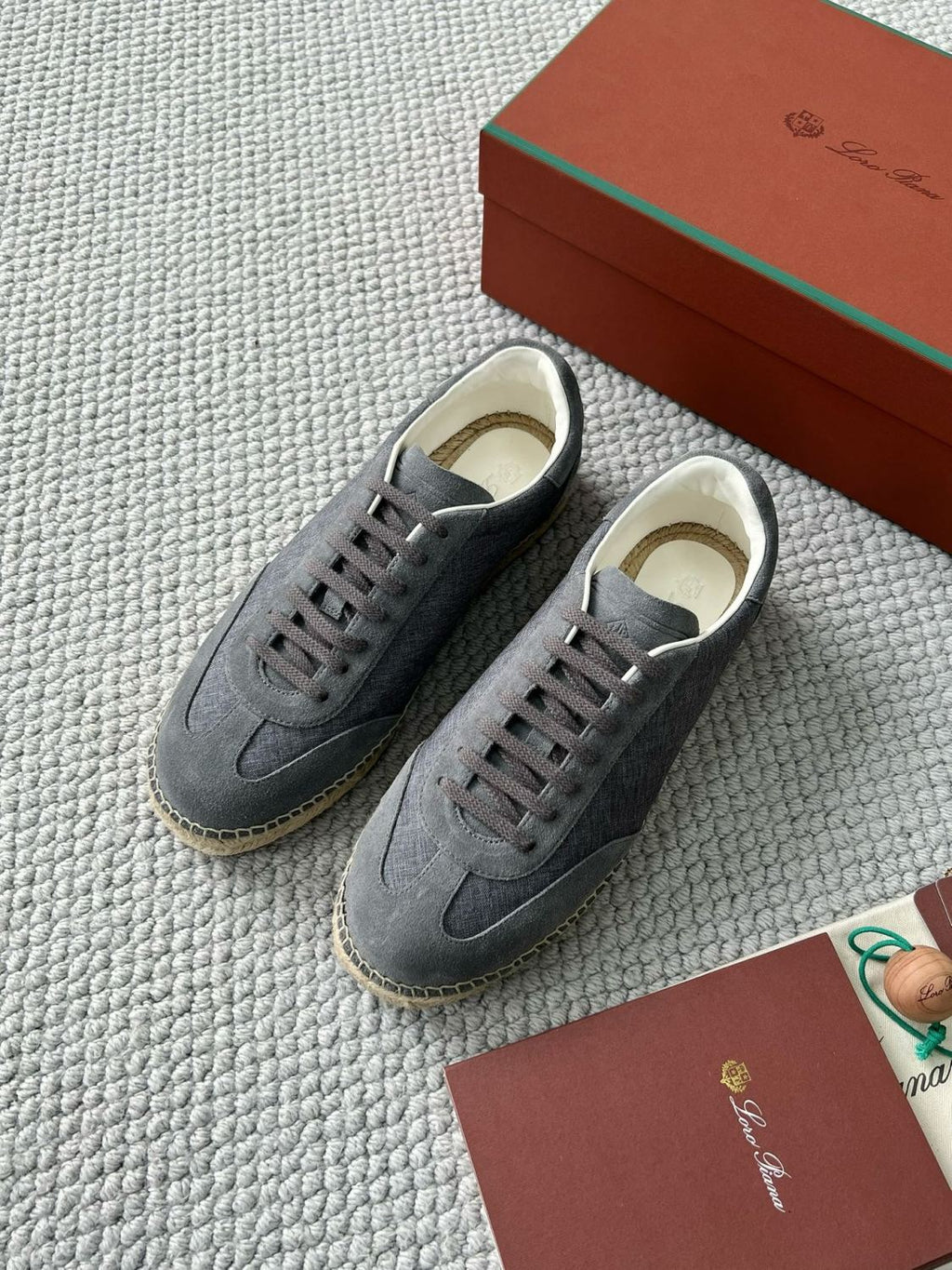 Loro Piana Men's Solid Colour Round Toe Suede and Canvas Low Top Lace-up Flat Shoes #77651