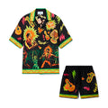 Casablanca Men's Summer Rock Pattern Print Lapel Single Breasted Short Sleeved Shirt Loose Casual Shorts Set Suit #75543