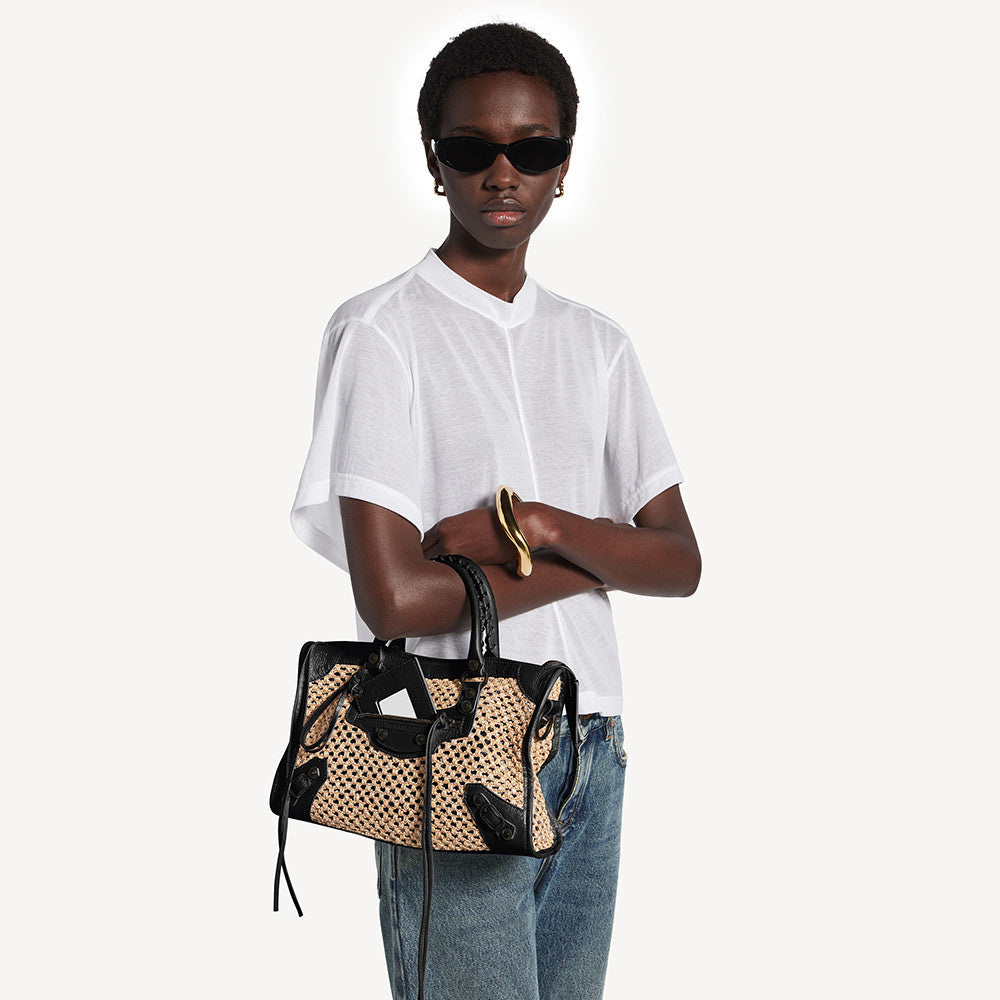 Balenciaga Le City Raffia-effect Fabric Small Handbag Black And White Fashionable Classic Handbag And Crossbody Bag Bags #84325A