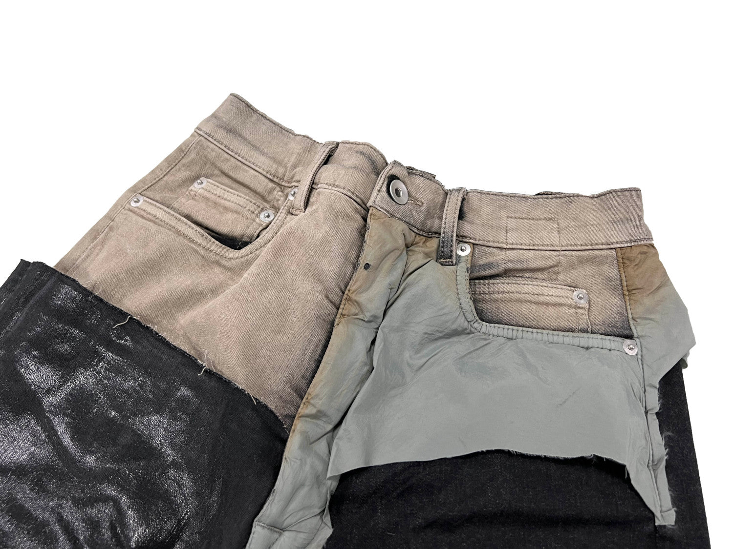 Rick Owens Men's Spring and Autumn Old Wash Splicing Coating Wax Pants Wide Leg Flare Jeans Pants #76795