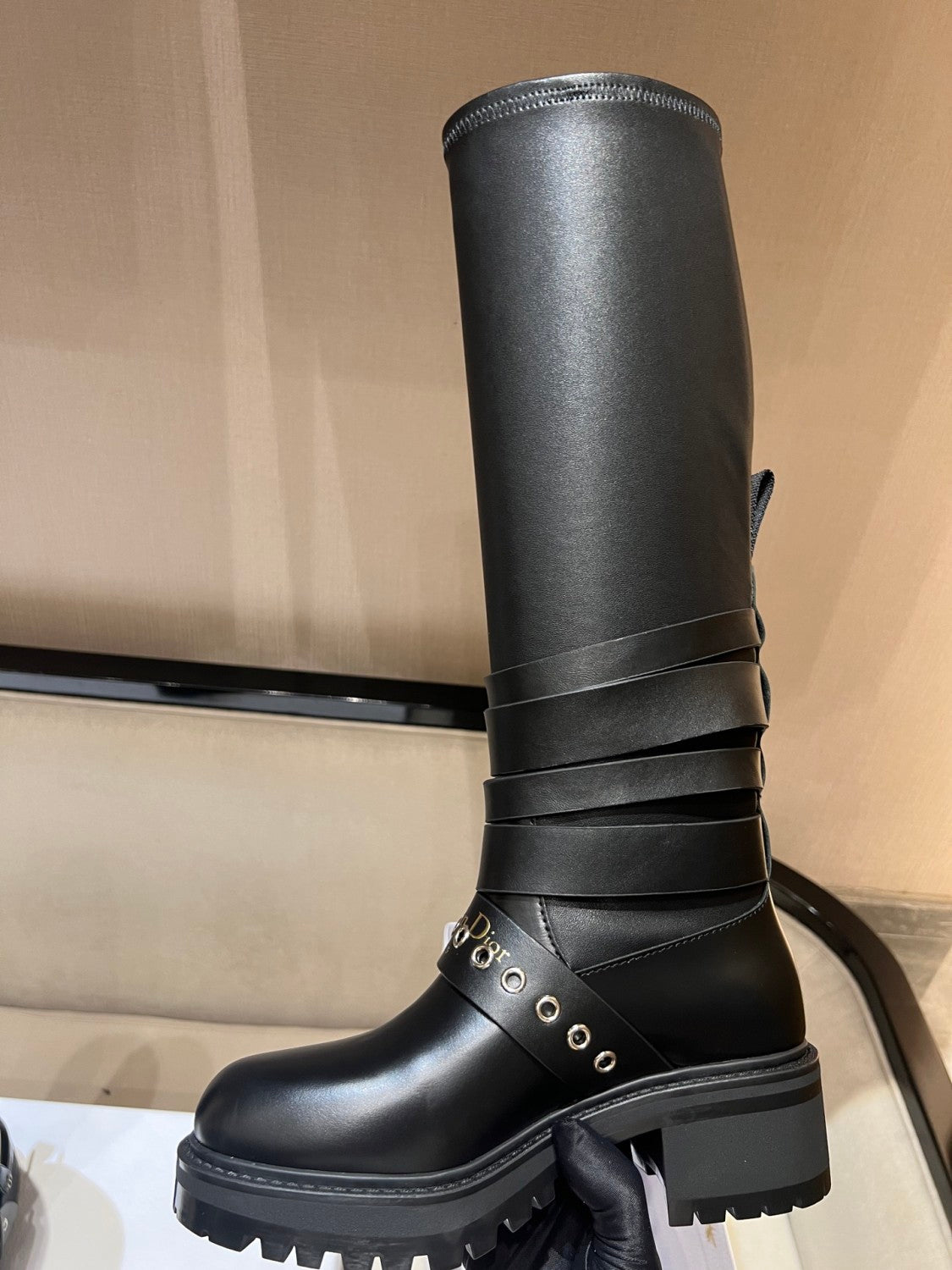 Dior D-Fight Women's Classic Trendy Round-Toe Zipper Chunky Heel Leather Knee-High Boots Shoes #78765