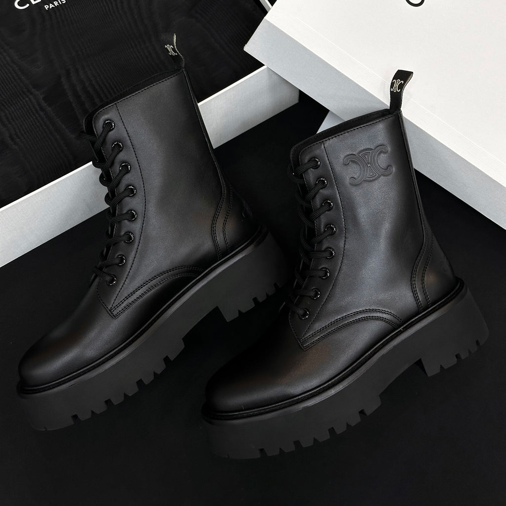 Celine Women's Spring/Fall Fashion Classic Nylon Glossy Leather Lace Up Thick Sole Martin Boots Short Boots Shoes #78277