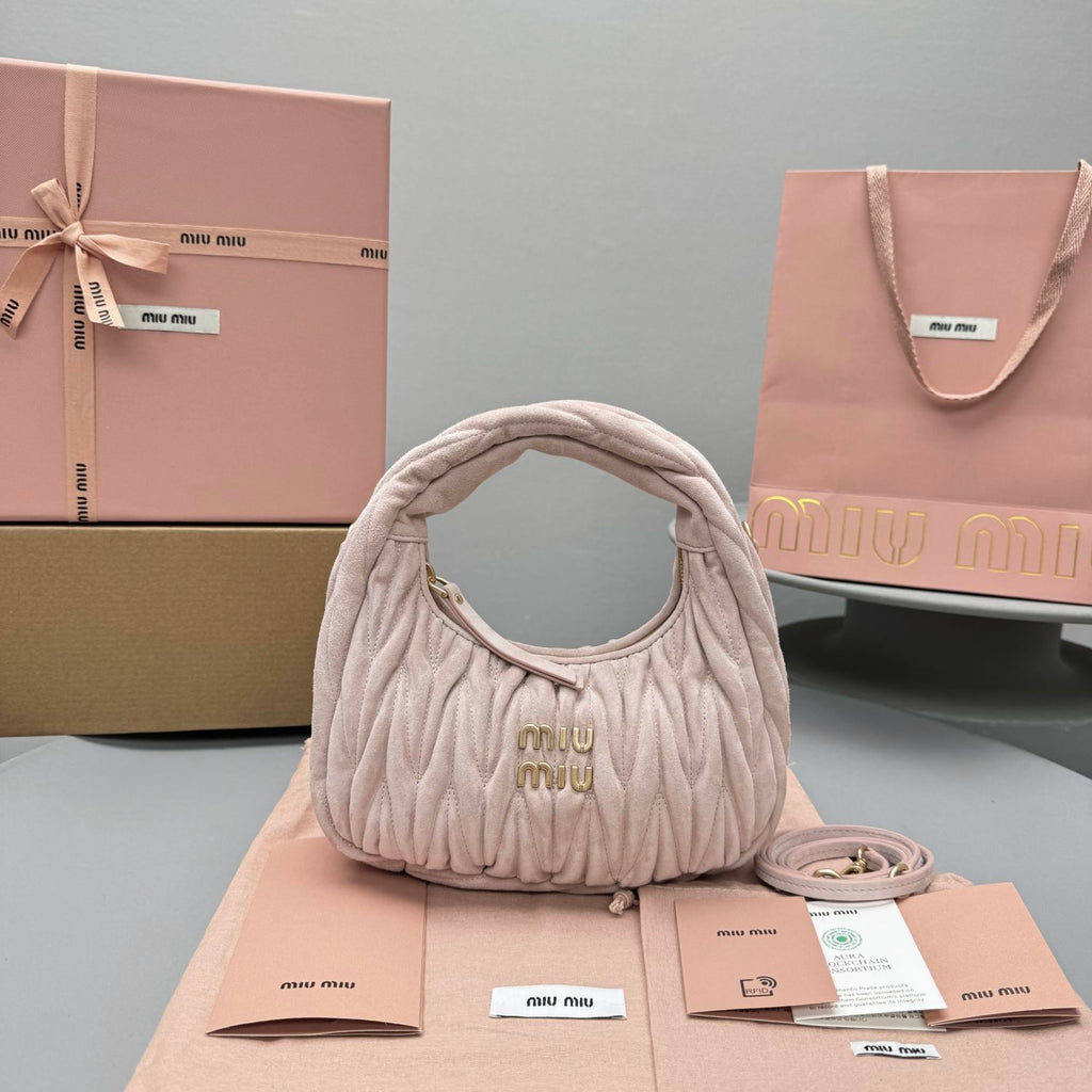 MiuMiu Wander Matelassé Suede Leather Bag Women's Metal Engraving Zipper Closure Single Shoulder Crossbody Crescent Bag Tote Bag #333006
