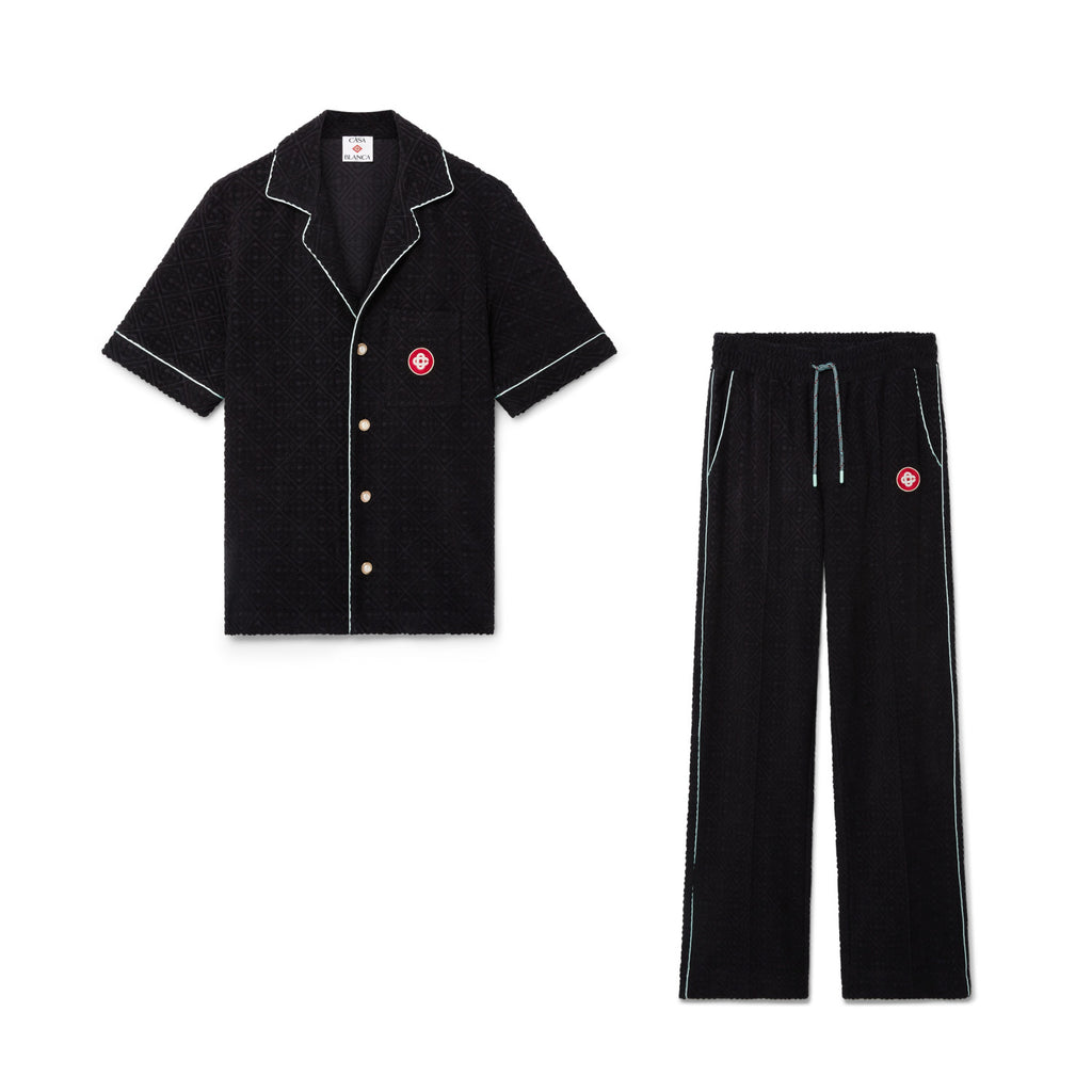 Casablanca Men's And Women's Spring/summer Fashion Casual Solid Color Towel Jacquard Collared Single Button Short Sleeve Shirt Waist Elastic Drawstring Towel Jacquard Casual Trousers Pants Suit Set #79547