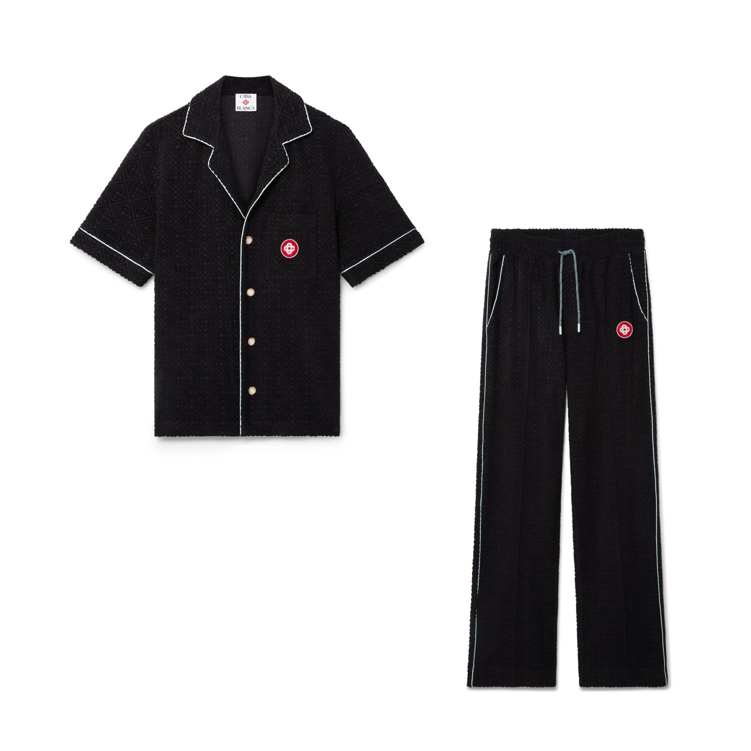 Casablanca Men's And Women's Spring/summer Fashion Casual Solid Color Towel Jacquard Collared Single Button Short Sleeve Shirt Waist Elastic Drawstring Towel Jacquard Casual Trousers Pants Suit Set #79547