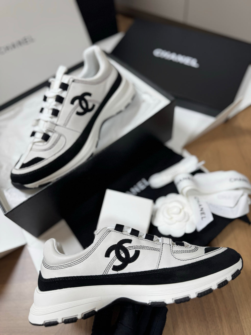 CHANEL Sneakers Calfskin Suede Calfskin White Black #381217