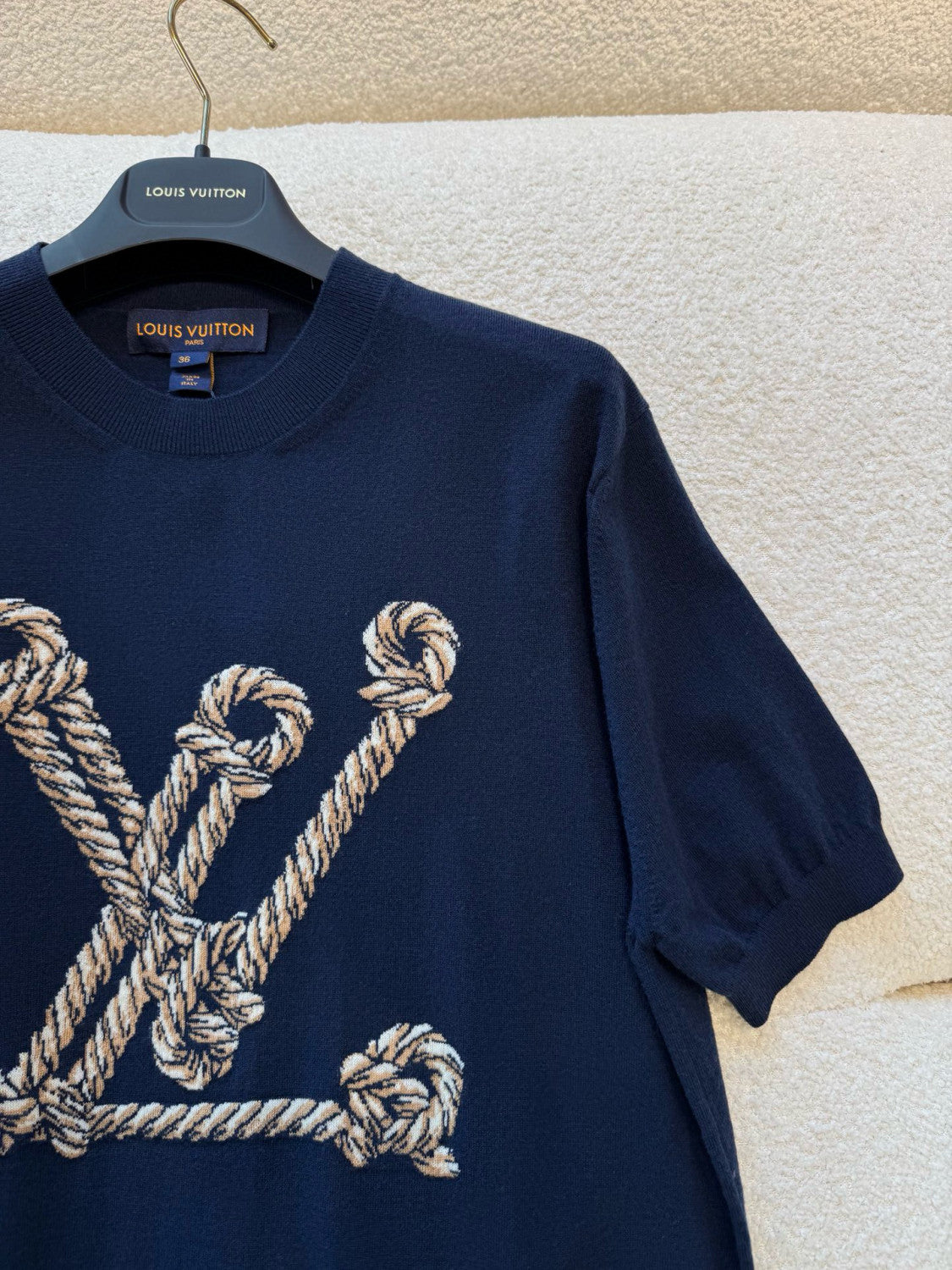 Louis Vuitton Women's Spring And Summer Nautical Series Blue Knitted T-shirt Fashion Trend Jacquard Casual Round Neck Top #81629