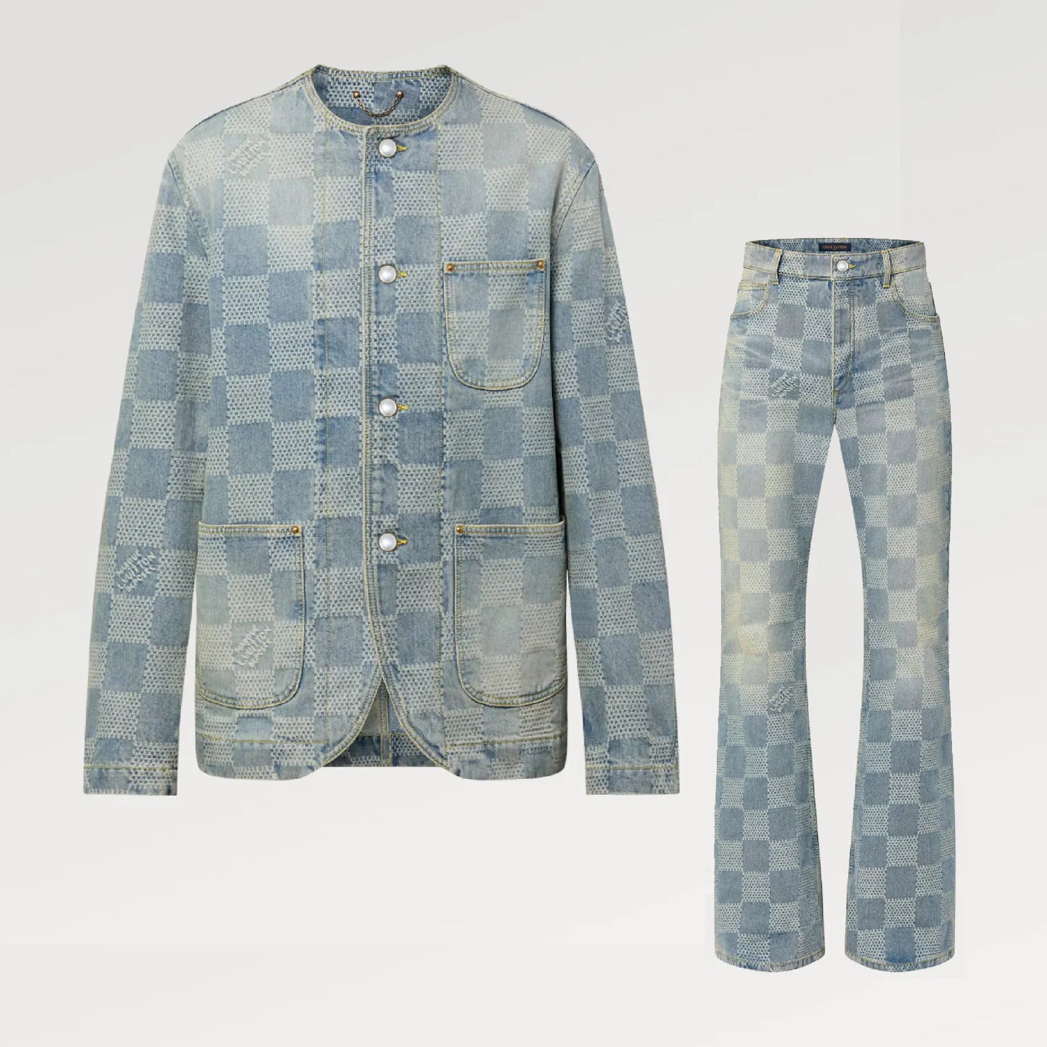 Louis Vuitton Men's Spring And Fall Fashion Plaid Denim Suit Gradient Wash Vintage Round Neck Jacket Casual Flared Pants Set #99297