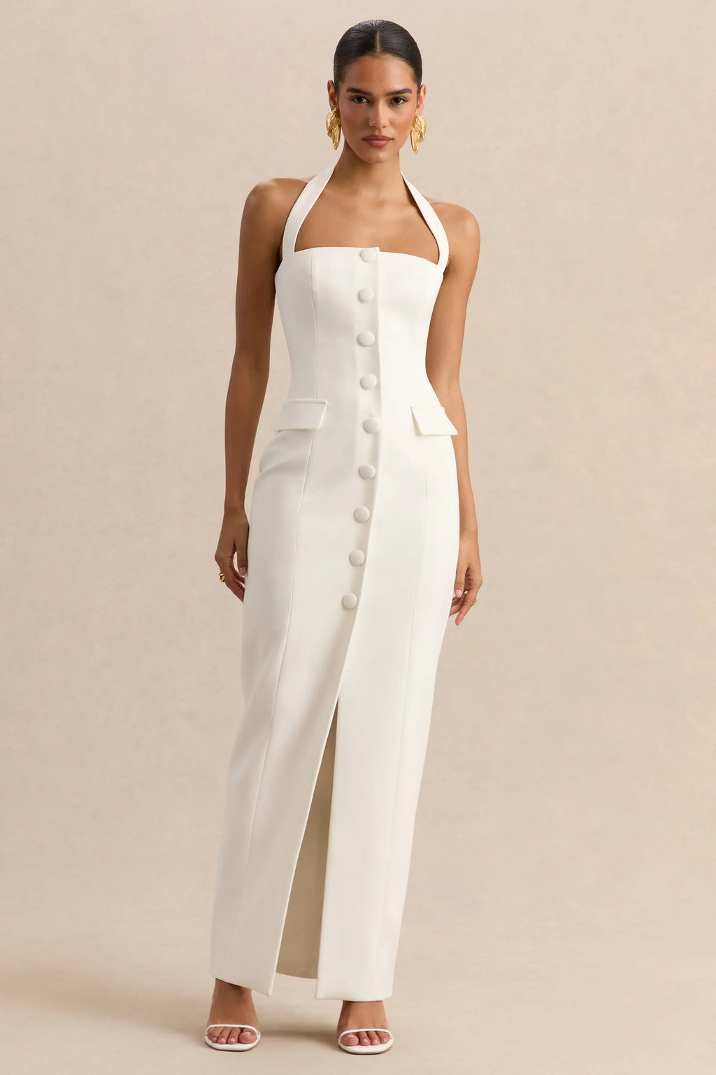 Steph | White Halter-Neck Tailored Maxi Dress