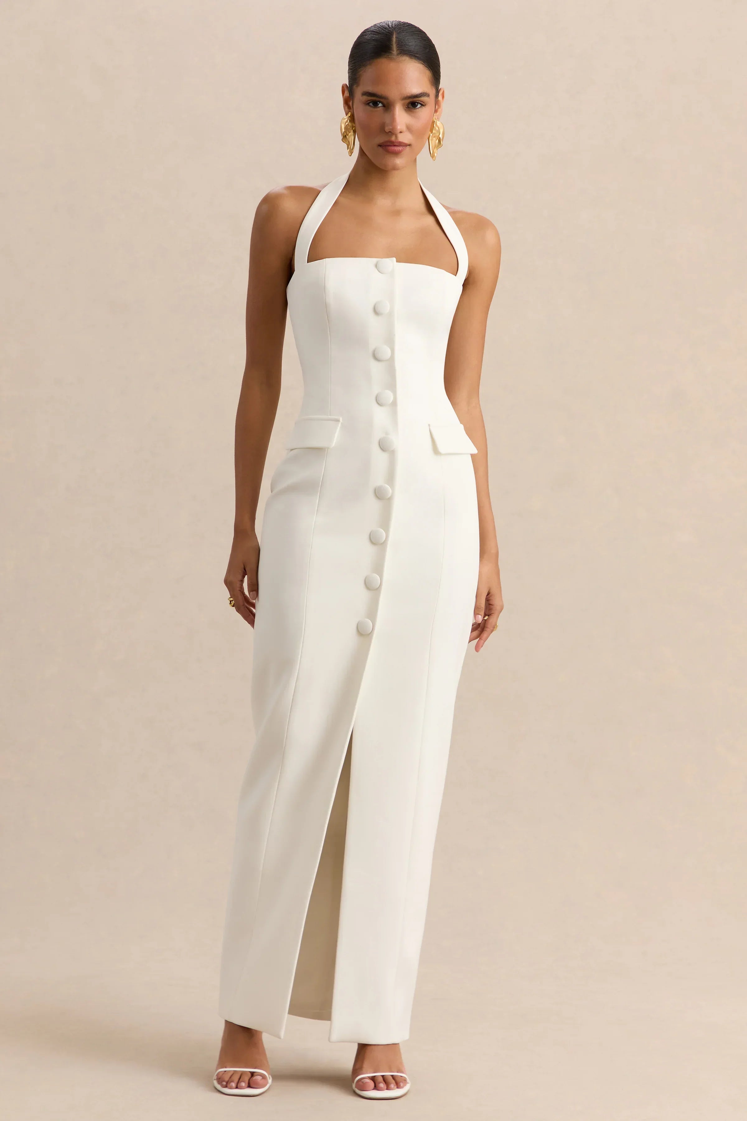 Steph | White Halter-Neck Tailored Maxi Dress