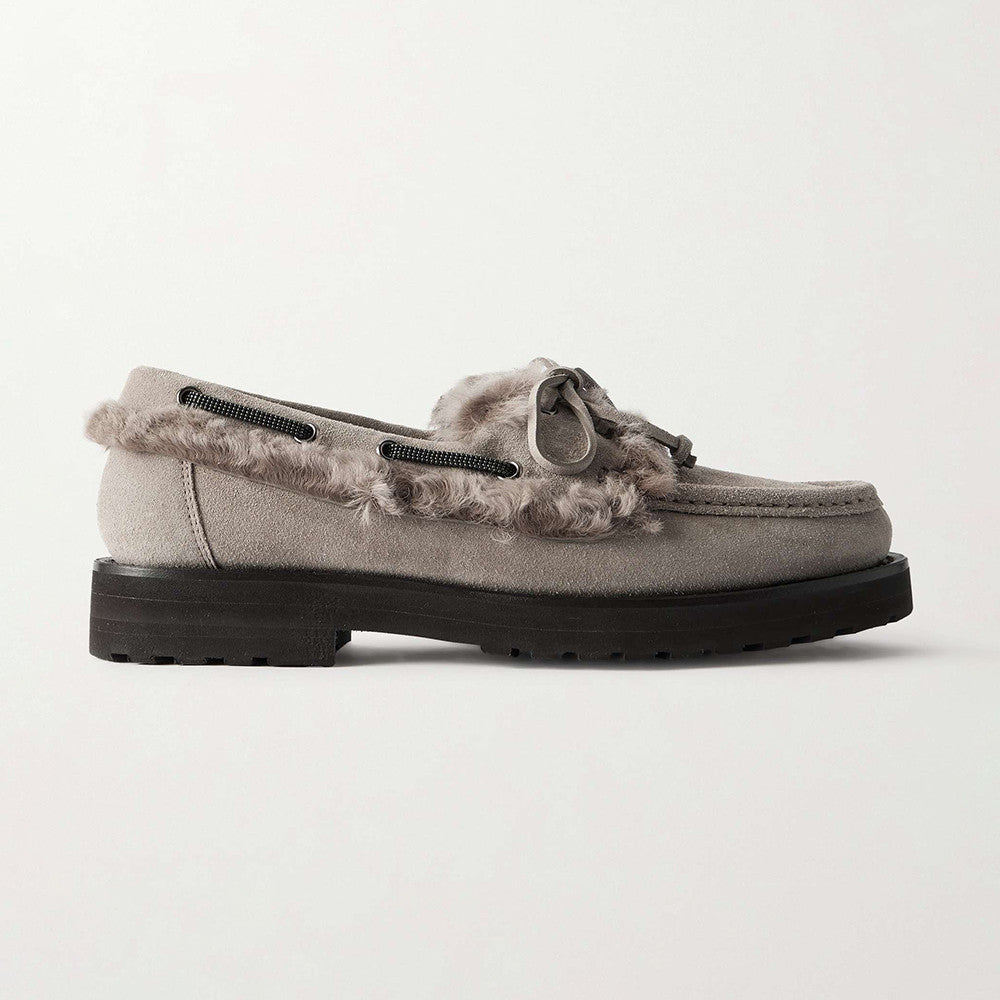Brunello Cucinelli Bead Embellished Shearling Trimmed Suede Loafers #333658