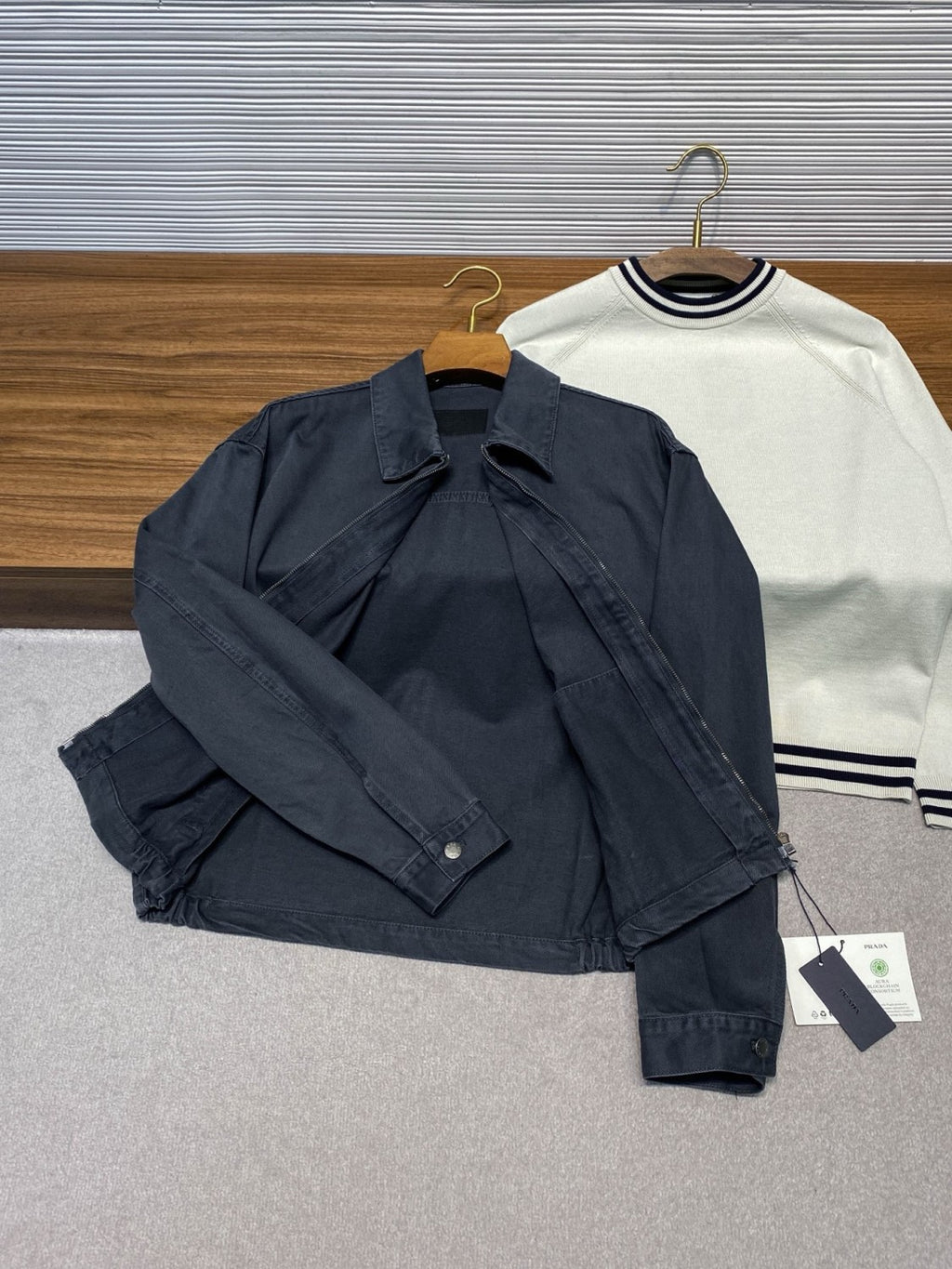 PRADA Men's Obsidian Denim Bomber Jacket Shirt-collar Zip-up Logo Long-sleeve Denim Jacket #332258