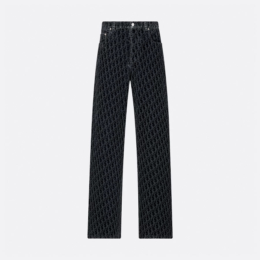 Dior Men's Dior And Kaws Collection Four-Season Cotton-Blend Solid-Color Button-Fly Flocked Denim Pants #81751