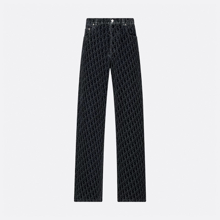 Dior Men's Dior And Kaws Collection Four-Season Cotton-Blend Solid-Color Button-Fly Flocked Denim Pants #81751