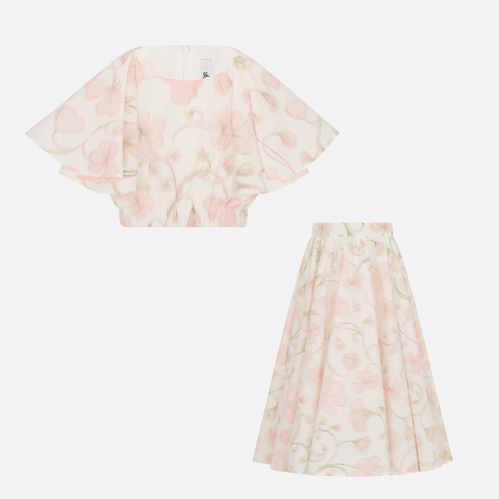 Dior Kid's Summer Floral Print Short Chiffon Top Casual Long Half-body Skirt Set #31315