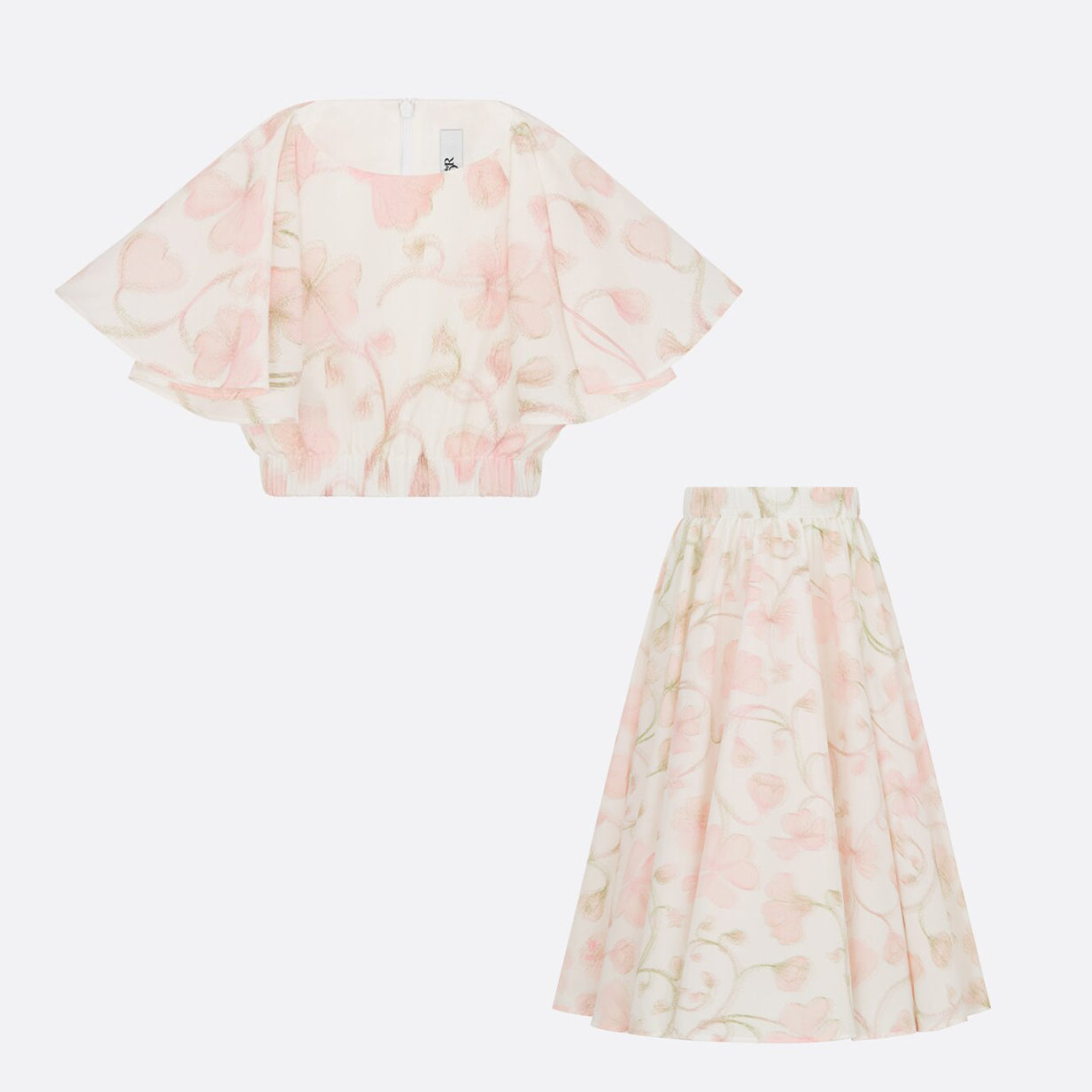 Dior Kid's Summer Floral Print Short Chiffon Top Casual Long Half-body Skirt Set #31315