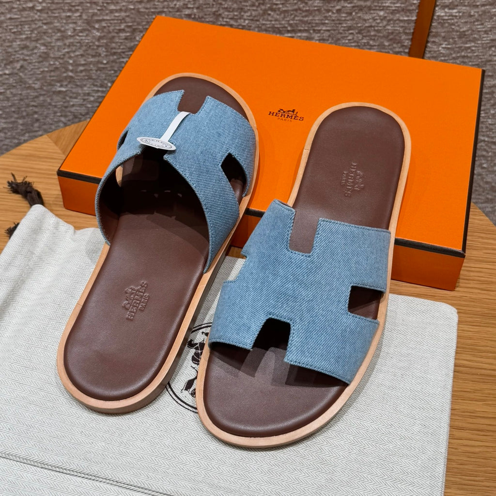 Hermes  Men's Summer Izmir Sandals Embroidered Leather Cowboy Round Toe Flat Casual Slippers Shoes #81317