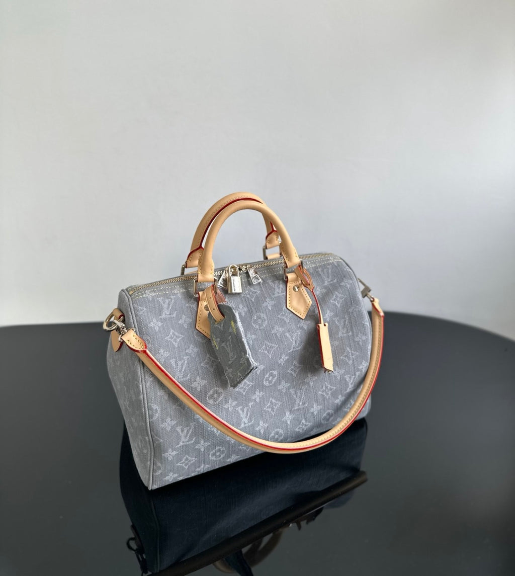 Louis Vuitton Gray Denim Speedy Soft 30 Handbag: Stylish And Elegant Classic Patterned Canvas With Leather Accents Clutch/crossbody Bag Bags M13344 #196794