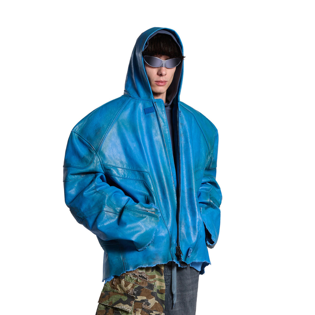 Balenciaga Men's Spring And Fall Fashion Zipper Blue Cowhide Hooded Long Sleeve Loose Biker Jacket Ngvp #8581